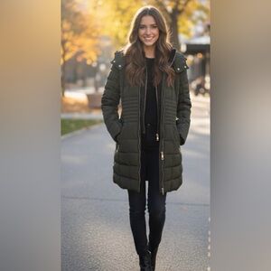 Guess Puffer Coat w/ Hood, Sz. S, Olive, Signs of Wear on Sleeve Trim(Pictured)